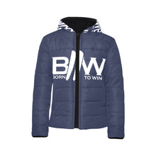 Load image into Gallery viewer, Navy Born 2 Win All Over youth Puffer Jacket
